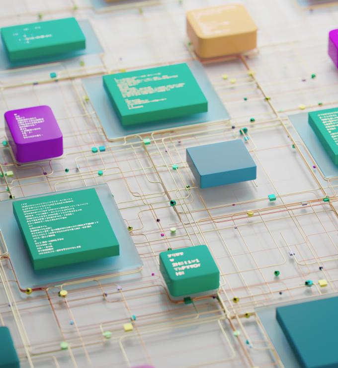 Abstract Circuit Network With Colorful Chips and Connected Data Blocks in 3D Render stock photo