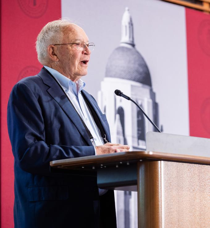 Markets vs. Mandates co-director Terry L. Anderson speaks in Hoover’s Shultz Auditorium on May 12, 2026. (Patrick Beaudouin)