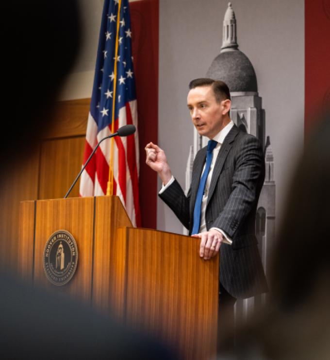 Tyler Goodspeed speaks in Hoover’s Blount Hall on May 8, 2026. (Patrick Beaudouin)