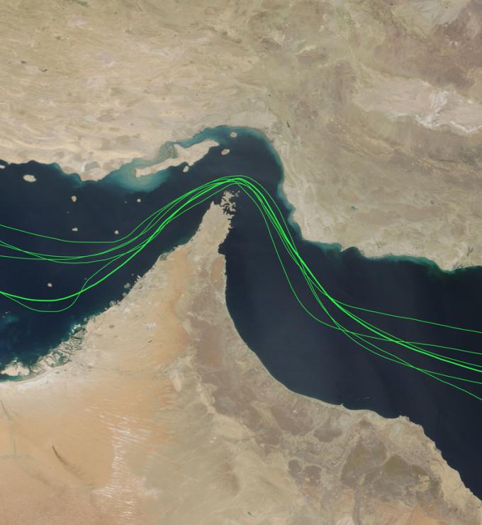 Map of Strait of Hormuz shipping traffic disruption, Gulf oil tanker routes, Middle East crisis 2026, Open - stock photo
