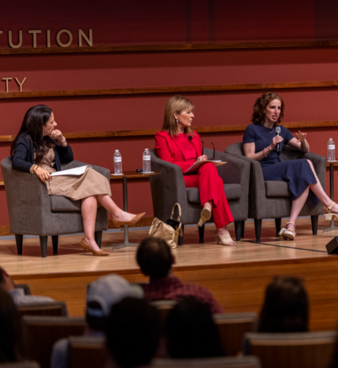 (From left to right) Janine Zacharia, Vicki Liviakis, Elizabeth Green, and Neil Chase are seen in Hoover’s Hauck Auditorium on May 14, 2026. (Patrick Beaudouin)