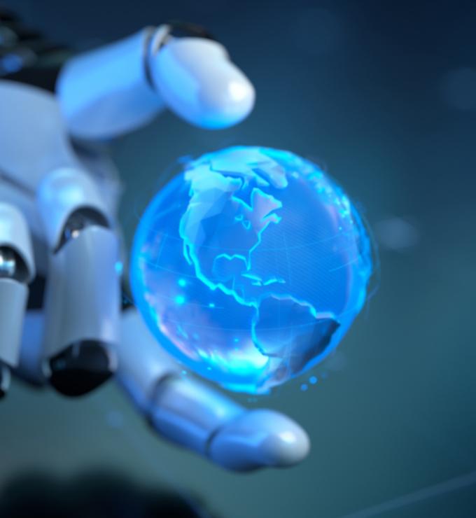Futuristic Robotic Hand Holding a Holographic Blue Globe in Digital Environment stock photo