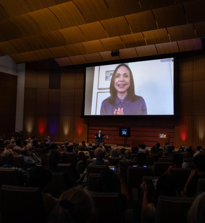 María Corina Machado addresses Hoover’s Choosing Freedom dialogue, sharing her experience leading Venezuela’s democratic movement and advocating for freedom in the face of authoritarianism.
