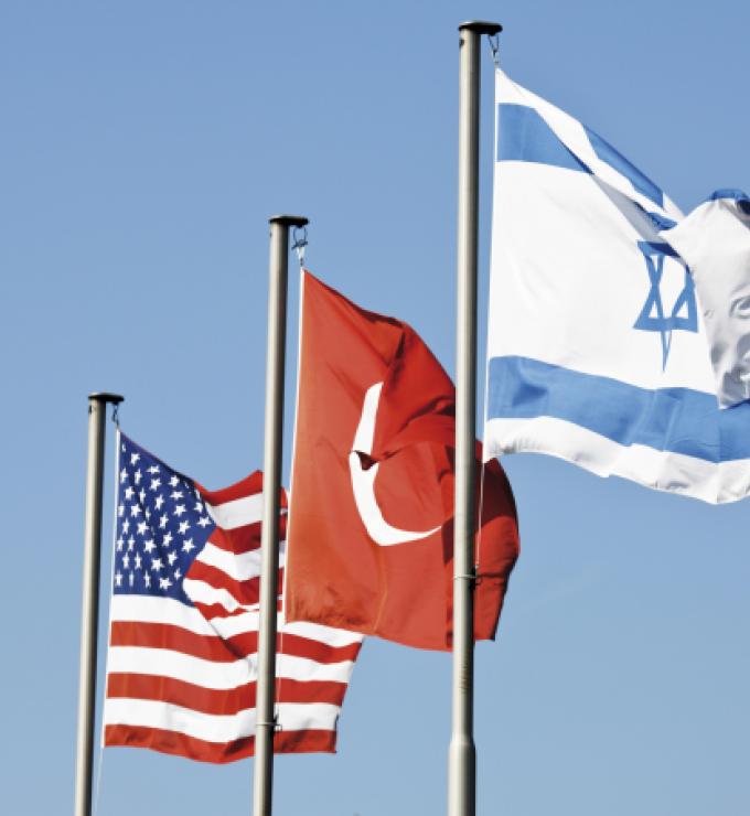 Flags on the mast, USA, Turkey, Israel - stock photo