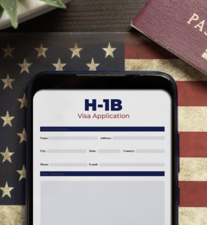 H-1b visa application concept: smartphone with USA H-1B visa application over a USA flag stock photo
