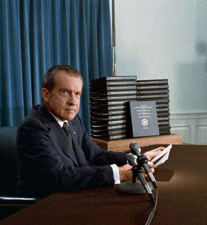 President Nixon, with edited transcripts of Nixon White House Tape conversations during broadcast of his address to the Nation.
