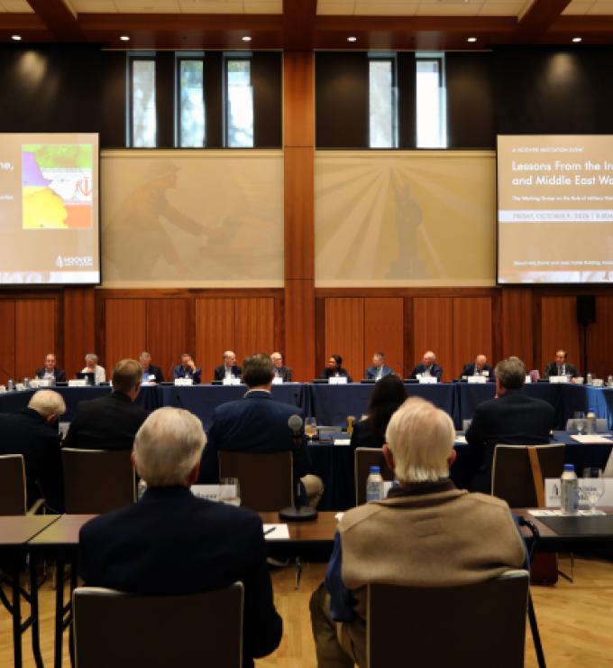 Participants in Hoover’s annual Military History in Contemporary Conflict Working Group conference are seen in Hoover’s Blount Hall on October 9, 2026. (LeAnn Mae Racoma)