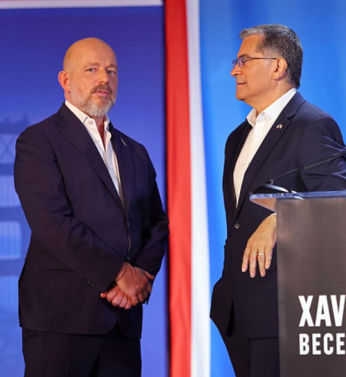 CLAREMONT, CALIFORNIA - APRIL 28: (L-R) Steve Hilton (R) and Xavier Becerra (D) speak during CBS Television Stations' California Gubernatorial Debate on April 28, 2026 in Claremont, California. (Photo by Leon Bennett/Getty Images for CBS Television Stations)