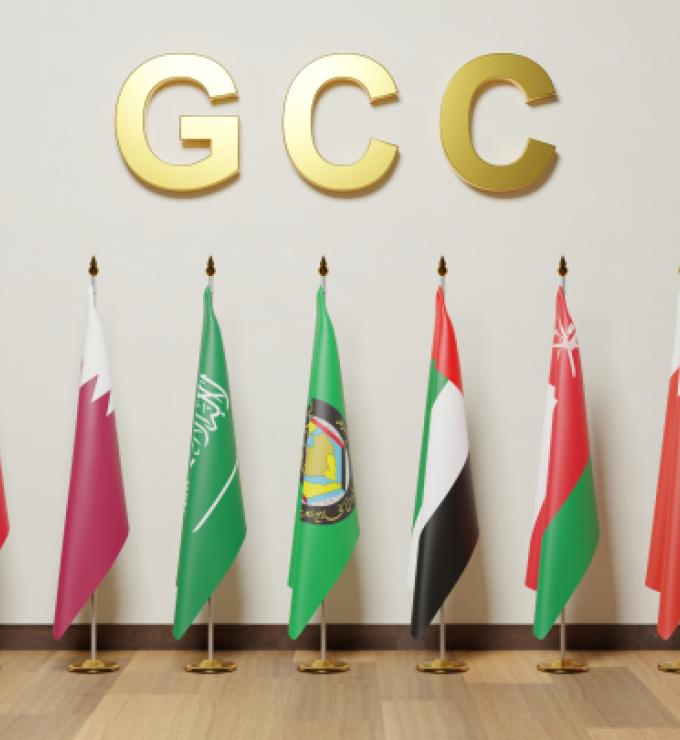 Flags of the Gulf Cooperation Council countries, Bahrain, Kuwait, Oman, Qatar, Saudi Arabia, and the United Arab Emirates. - stock photo