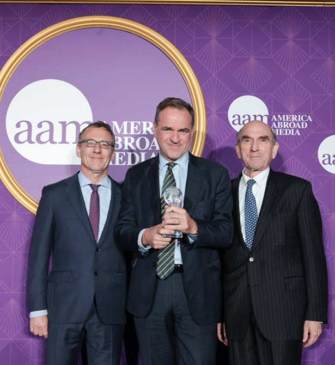 America Abroad Media Founder Aaron Lobel (left), Senior Fellow Sir Niall Ferguson (center) and Elliott Abrams are seen at the America Abroad Media Awards Dinner on October 19, 2026.