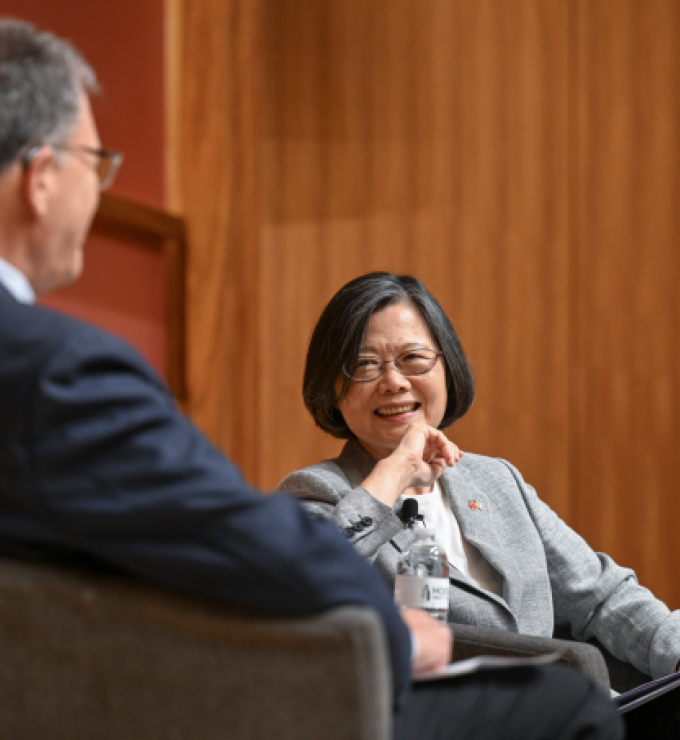 Former Taiwanese President Tsai Ing-wen speaks to Hoover Senior Fellow Larry Diamond about her legacy as the island nation’s president, in Hauck Auditorium on October 8, 2026. (Rod Searcey)