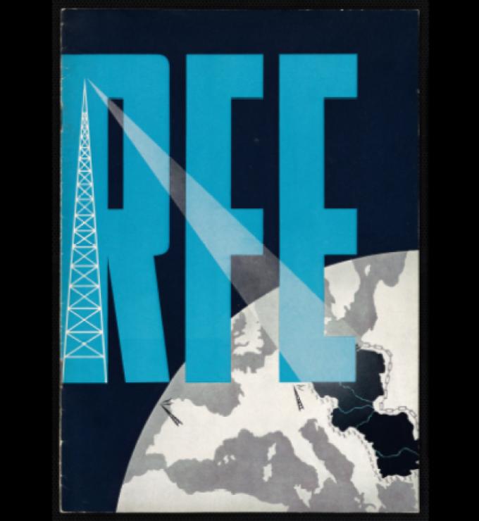Cover of a booklet produced by Radion Free Europe and showing large RFE letters in blue with a white radio tower over the left side of the R, and broadcasting to eastern europe