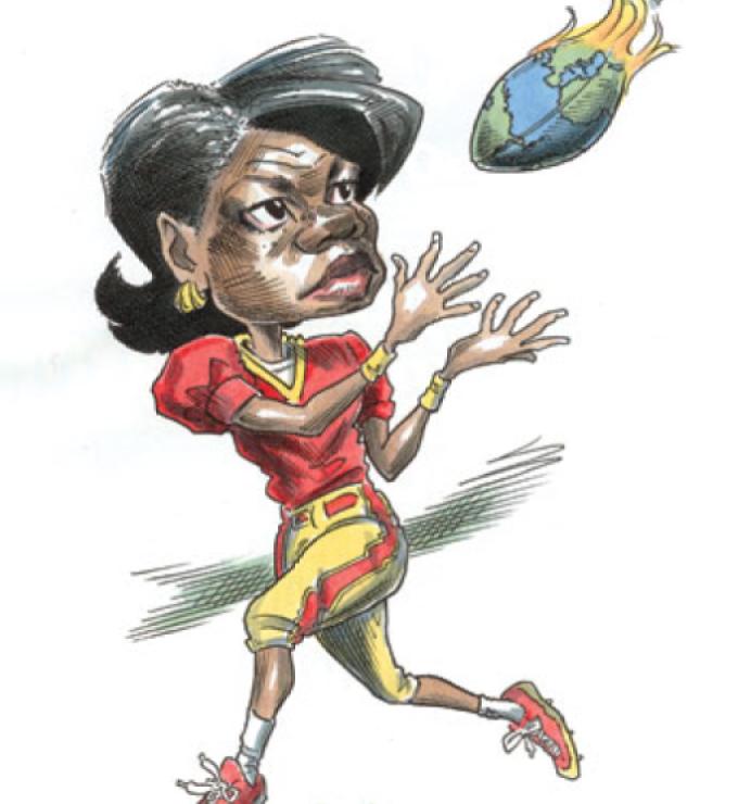 cartoon of Condoleezza Rice catching a political football