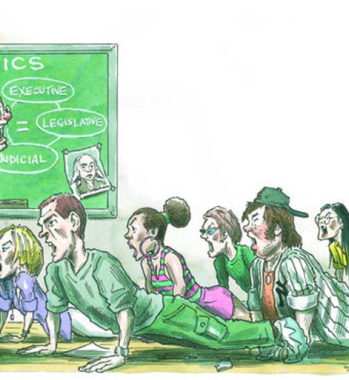 Teacher shouting and kids doing pushups cartoon