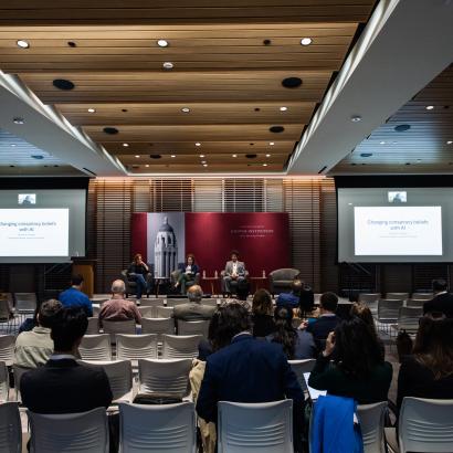 Attendees of the Social Media and Democratic Practice conference are seen in Shultz Auditorium on March 17, 2025. (Patrick Beaudouin)