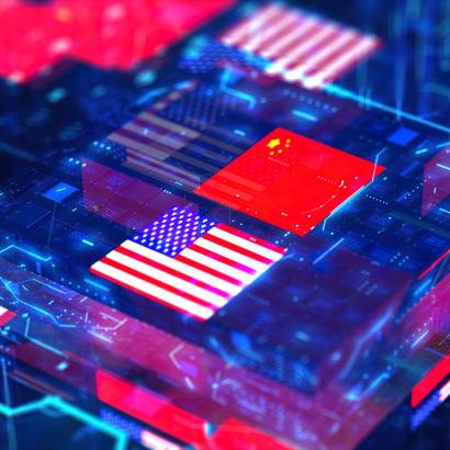 Processor Unit, Chip War. The Chip Crisis, The World's Big Problem. China and usa Flag. stock photo