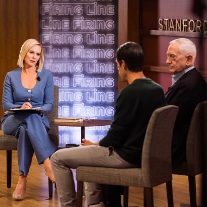The Firing Line host Margaret Hoover speaks with Distinguished Fellow Jim Mattis and author Ryan Holiday in Hauck Auditorium on March 18, 2026. (Patrick Beaudouin)