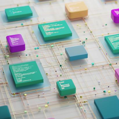 Abstract Circuit Network With Colorful Chips and Connected Data Blocks in 3D Render stock photo