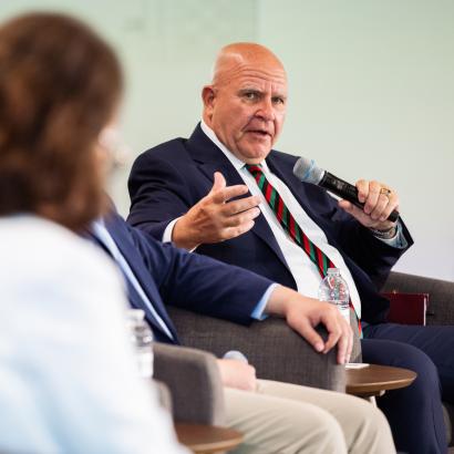 Senior Fellow H.R. McMaster speaks about the war in Afghanistan during a panel discussion on the war in Afghanistan held in Hoover’s Shultz Auditorium on April 9, 2026. (Patrick Beaudouin)