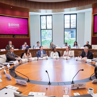Scholars participating in PEPCON 2026 are seen in Hoover’s Annenberg Conference Room on April 16, 2026. (Patrick Beaudouin)