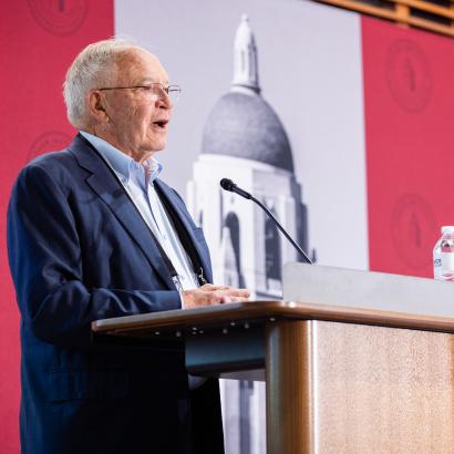 Markets vs. Mandates co-director Terry L. Anderson speaks in Hoover’s Shultz Auditorium on May 12, 2026. (Patrick Beaudouin)