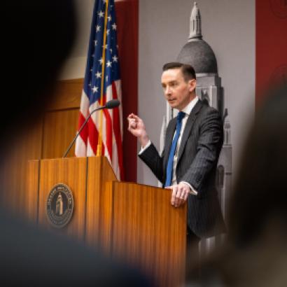 Tyler Goodspeed speaks in Hoover’s Blount Hall on May 8, 2026. (Patrick Beaudouin)