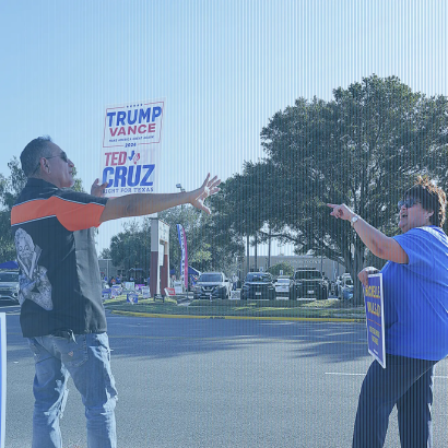 Supporters of Donald Trump and Kamala Harris argue near a voting center in McAllen, Texas, in November 2024. [Joel Martinez—The Monitor]