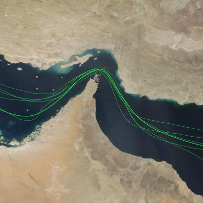 Map of Strait of Hormuz shipping traffic disruption, Gulf oil tanker routes, Middle East crisis 2026, Open - stock photo