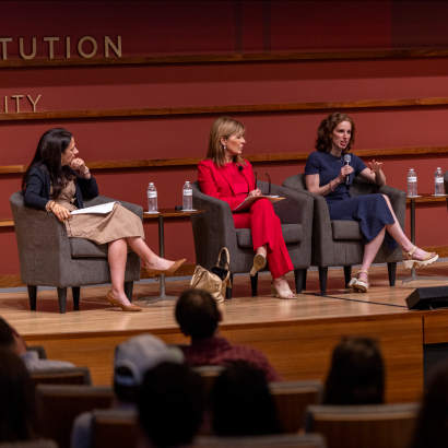 (From left to right) Janine Zacharia, Vicki Liviakis, Elizabeth Green, and Neil Chase are seen in Hoover’s Hauck Auditorium on May 14, 2026. (Patrick Beaudouin)