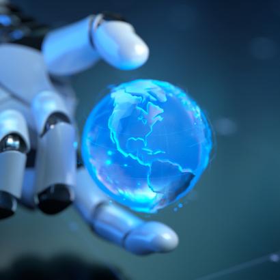 Futuristic Robotic Hand Holding a Holographic Blue Globe in Digital Environment stock photo
