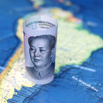 Chinese yuan on the map of South America - stock photo