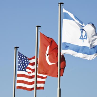 Flags on the mast, USA, Turkey, Israel - stock photo