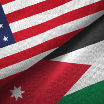 Jordan and United States two flags together textile cloth, fabric texture - stock photo