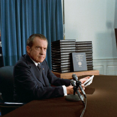 President Nixon, with edited transcripts of Nixon White House Tape conversations during broadcast of his address to the Nation.