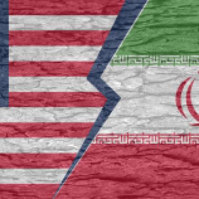 Severed ground separating the countries of america and iran on a cracked surface - stock illustration