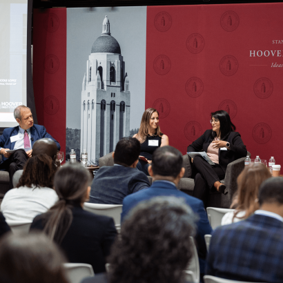 Senior Fellow Eugene Volokh (right), Katie Visser of Cloudflare, Ellie Sakahee of Google and Nicole Lopez of Orrick LLP are seen in Hoover’s Stauffer Auditorium on July 21, 2026.