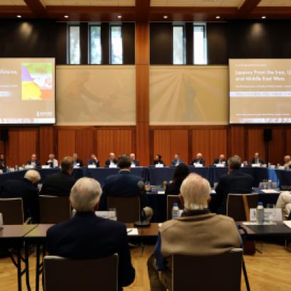 Participants in Hoover’s annual Military History in Contemporary Conflict Working Group conference are seen in Hoover’s Blount Hall on October 9, 2026. (LeAnn Mae Racoma)