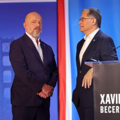 CLAREMONT, CALIFORNIA - APRIL 28: (L-R) Steve Hilton (R) and Xavier Becerra (D) speak during CBS Television Stations' California Gubernatorial Debate on April 28, 2026 in Claremont, California. (Photo by Leon Bennett/Getty Images for CBS Television Stations)