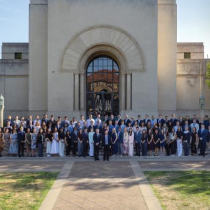 Attendees of the 2026 Hoover Institution Summer Policy Bootcamp are seen in front of Hoover Tower on August 10, 2026. (Patrick Beaudouin)