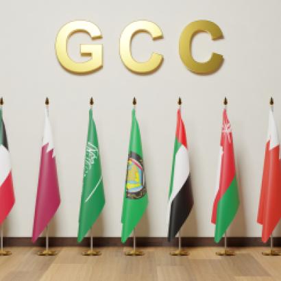 Flags of the Gulf Cooperation Council countries, Bahrain, Kuwait, Oman, Qatar, Saudi Arabia, and the United Arab Emirates. - stock photo