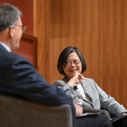 Former Taiwanese President Tsai Ing-wen speaks to Hoover Senior Fellow Larry Diamond about her legacy as the island nation’s president, in Hauck Auditorium on October 8, 2026. (Rod Searcey)