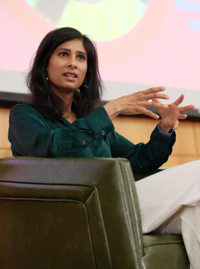 IMF First Managing Deputy Director Gita speaks about risks to global trade and the eroding dominance of the US dollar at Stanford University on May 7, 2024. (Ryan Zhang)