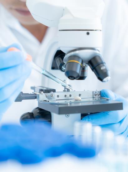 Scientist analyze biochemical samples in advanced scientific laboratory. Medical professional use microscope look microbiological developmental of viral. Biotechnology research in science lab. stock photo