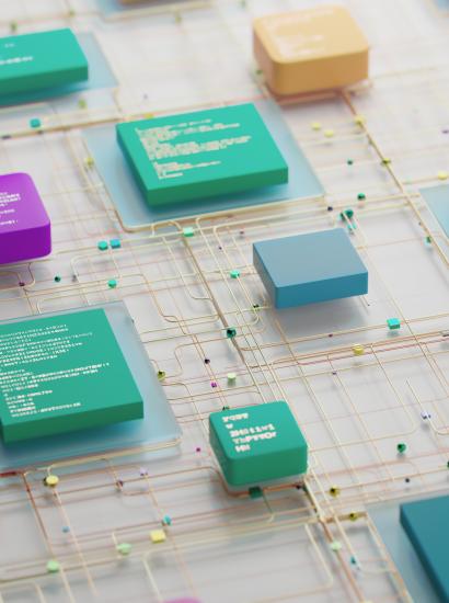 Abstract Circuit Network With Colorful Chips and Connected Data Blocks in 3D Render stock photo