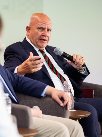 Senior Fellow H.R. McMaster speaks about the war in Afghanistan during a panel discussion on the war in Afghanistan held in Hoover’s Shultz Auditorium on April 9, 2026. (Patrick Beaudouin)