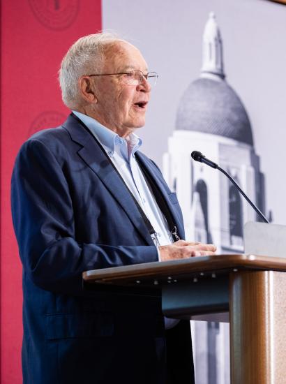 Markets vs. Mandates co-director Terry L. Anderson speaks in Hoover’s Shultz Auditorium on May 12, 2026. (Patrick Beaudouin)