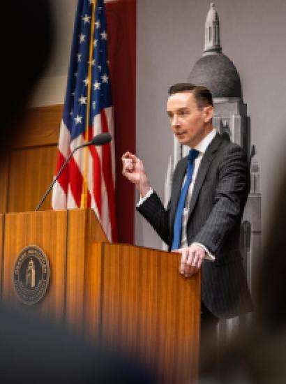 Tyler Goodspeed speaks in Hoover’s Blount Hall on May 8, 2026. (Patrick Beaudouin)