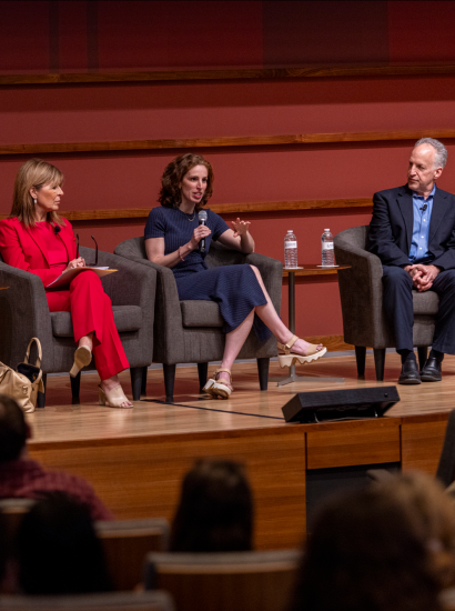 (From left to right) Janine Zacharia, Vicki Liviakis, Elizabeth Green, and Neil Chase are seen in Hoover’s Hauck Auditorium on May 14, 2026. (Patrick Beaudouin)