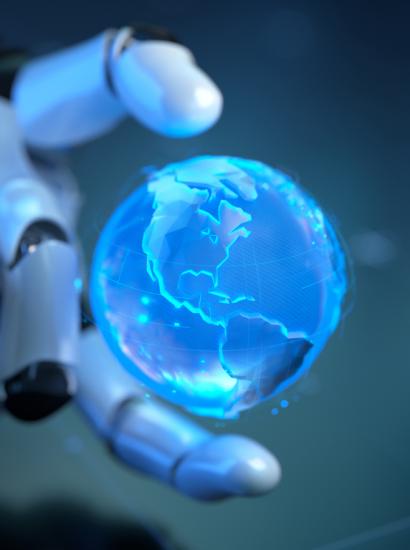 Futuristic Robotic Hand Holding a Holographic Blue Globe in Digital Environment stock photo