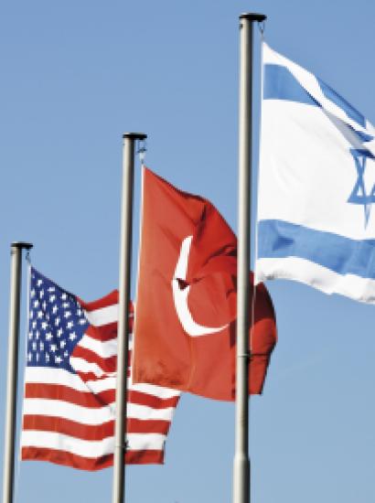 Flags on the mast, USA, Turkey, Israel - stock photo
